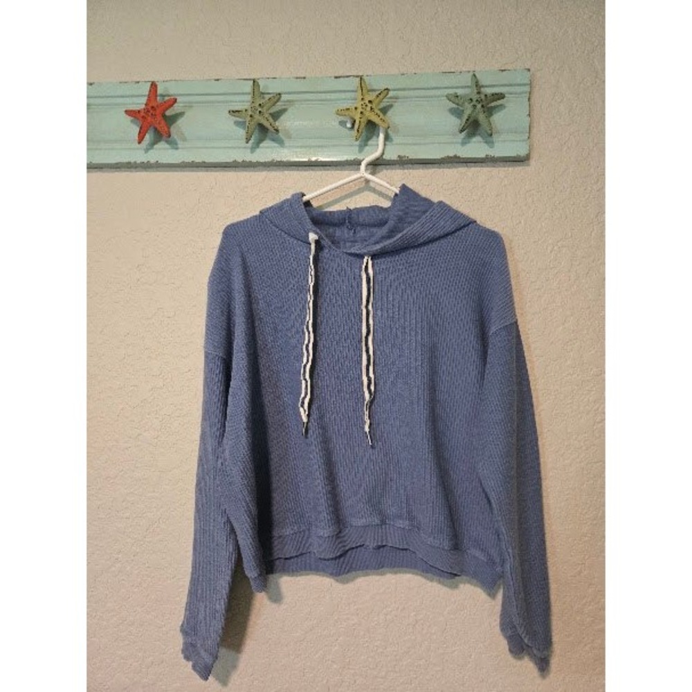 Aerie Waffle Knit Hoodie Blue Cropped Thermal Pullover XS RN54485